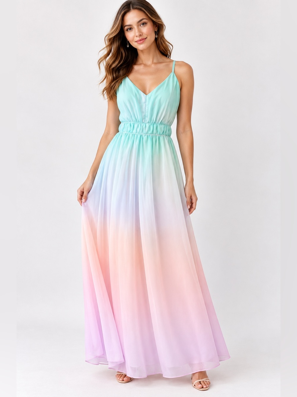 VENUS Women’s Size 10 Pastel Ombre Maxi Dress Mint Pink Strappy Formal